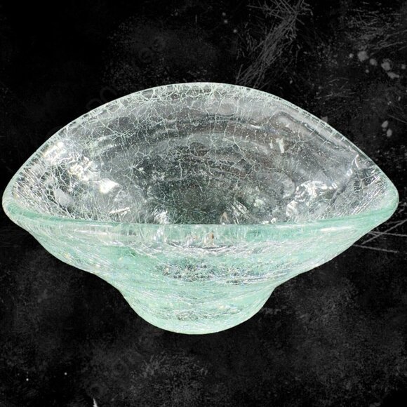 Hand Blown Clear Crackled Glass Folded Dish Bowl Hand Made Glass Decor Vintage - Picture 3 of 16